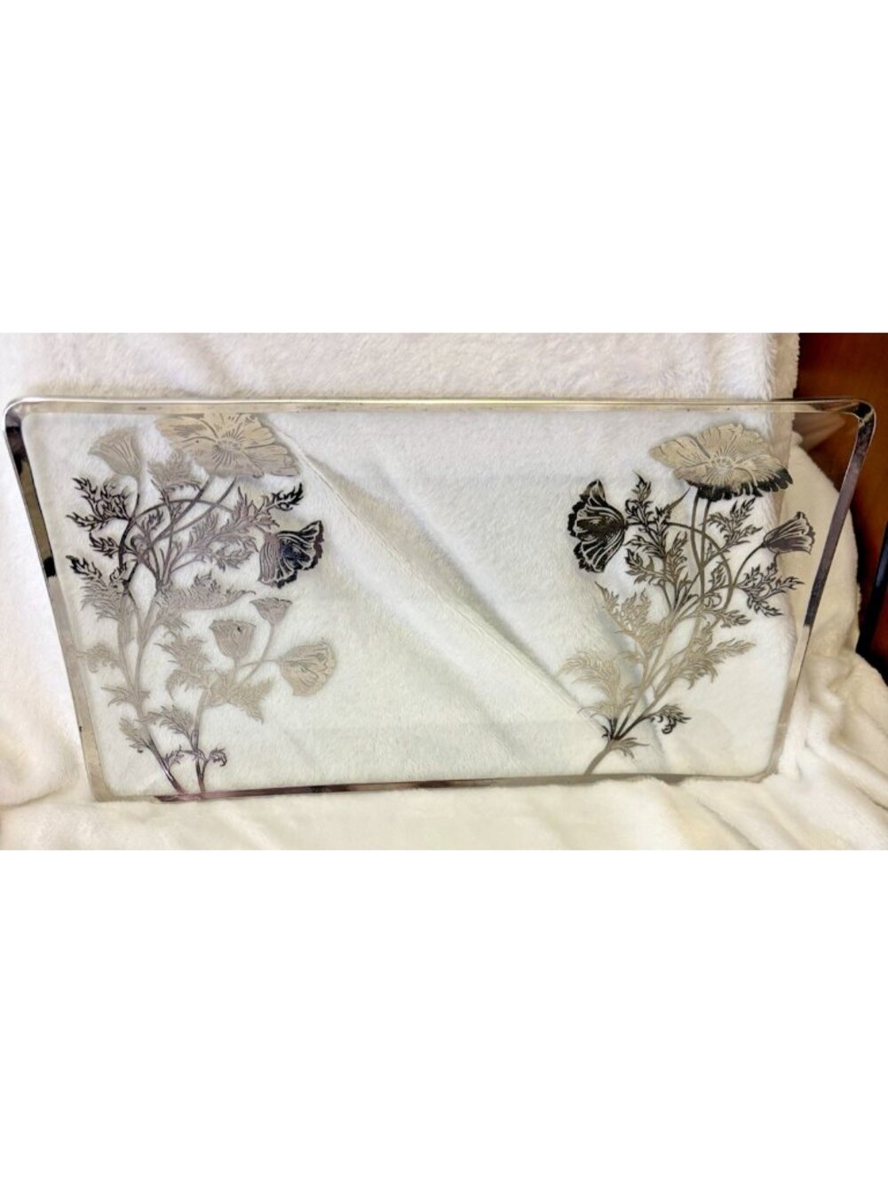 VTG MCM 1950's Silver City Floral Poppy Glass Overlay Platter Horderves Tray